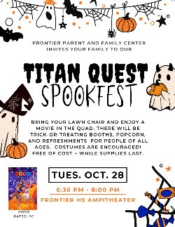Halloween themed flyer with invitation for "Titan Quest Spookfest" Tuesday Oct. 28 from 6:30-8pm i